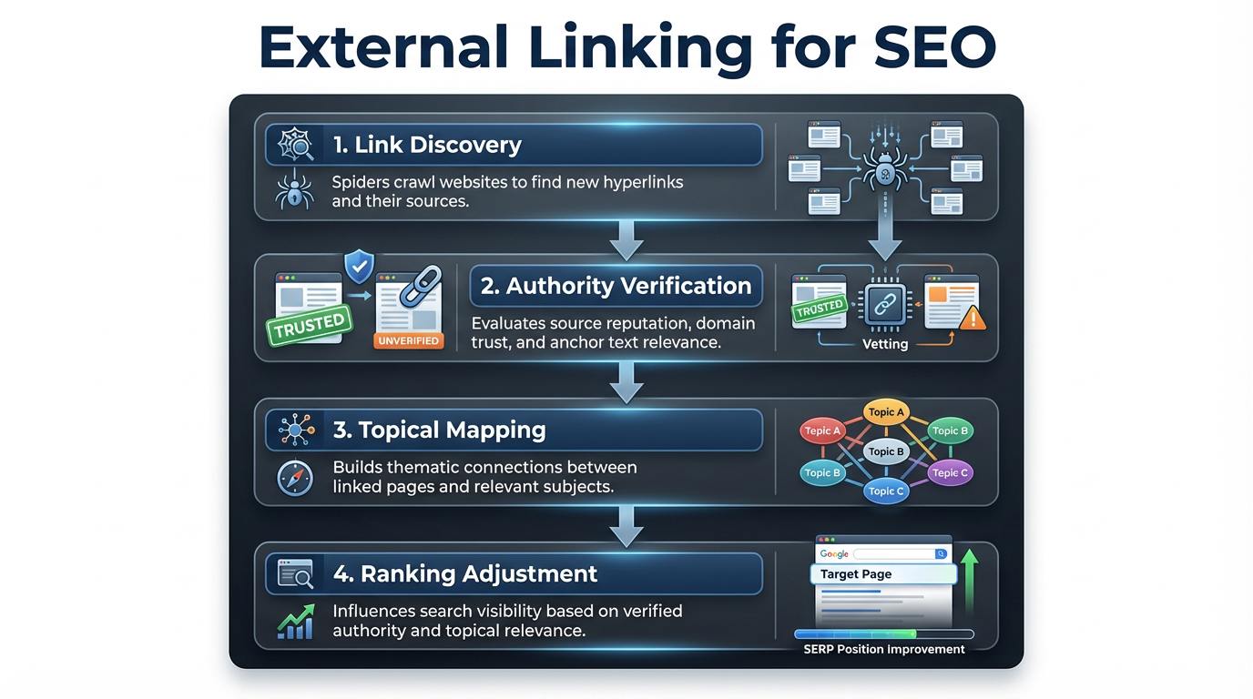 A 4-step labeled workflow visualization showing how search engines process exter