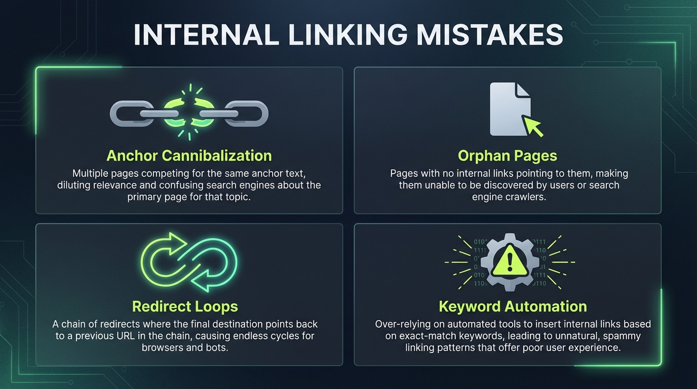 A minimalist 2x2 grid graphic in dark mode displaying common technical errors. T