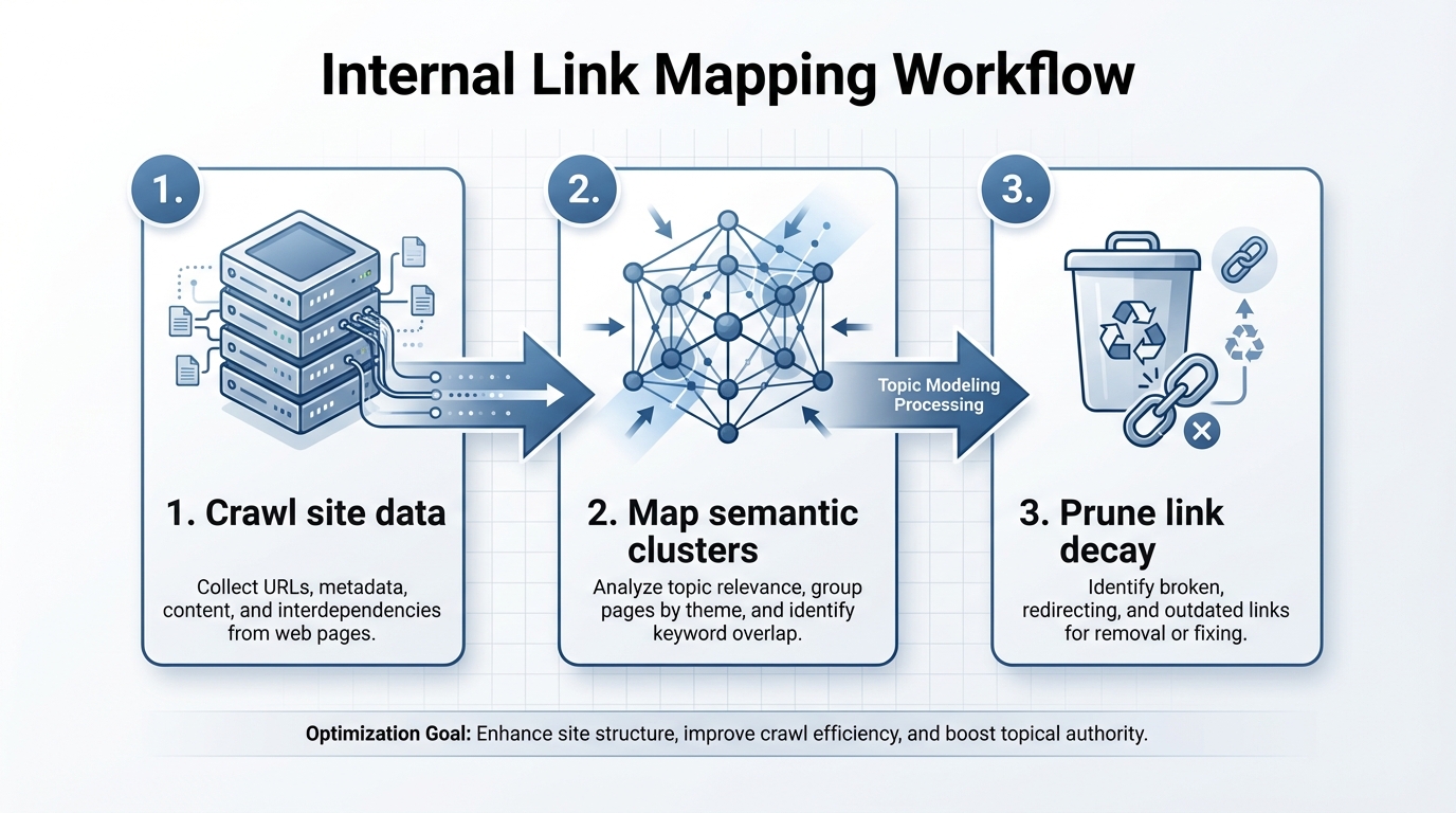 A labeled step flow diagram with numbered steps showing the internal link mappin
