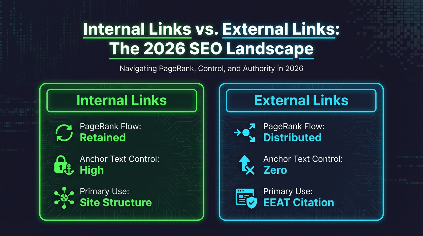 A side-by-side comparison card layout graphic contrasting 'Internal Links' and '