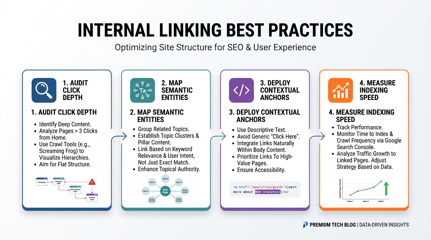 A horizontal 4-step workflow graphic titled 'Internal Linking Best Practices'. S