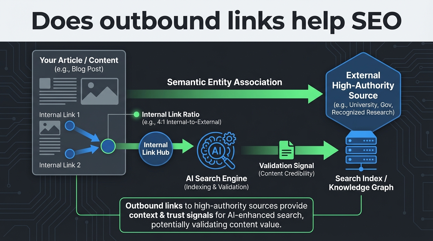 An annotated diagram showing how an outbound link validates content for an AI se