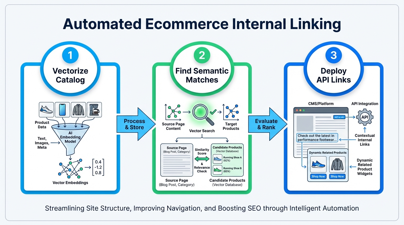 A labeled step flow diagram showing the process of automating ecommerce internal
