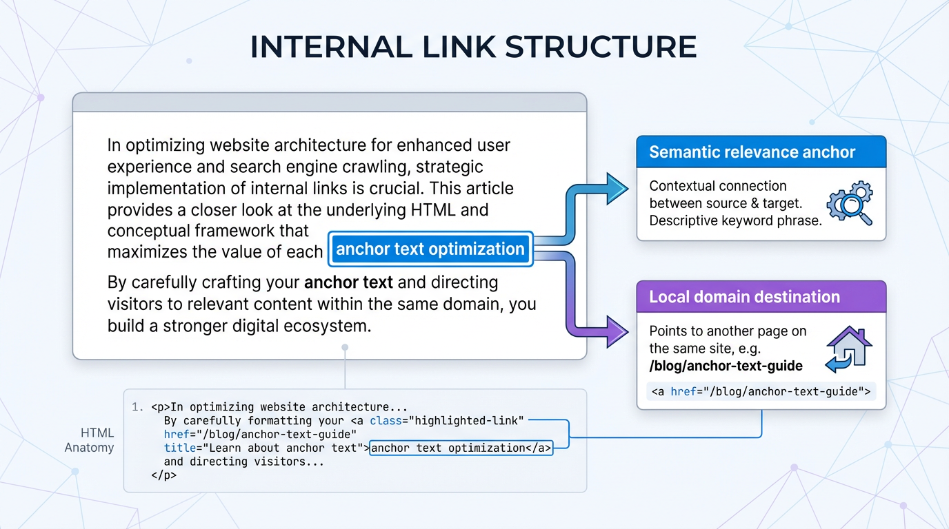 An annotated diagram showing the HTML anatomy of an internal link layout on a we