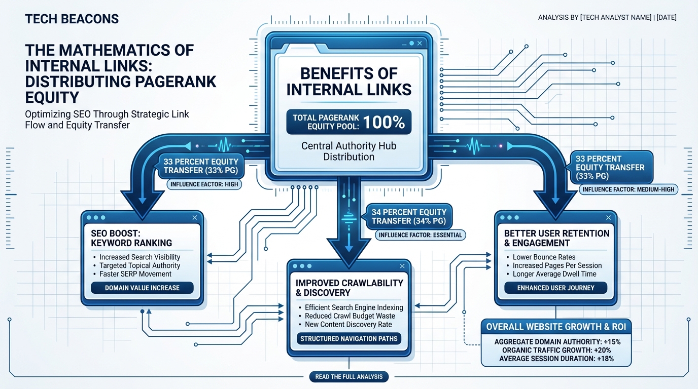An annotated diagram showing the mathematical flow of link equity between three 