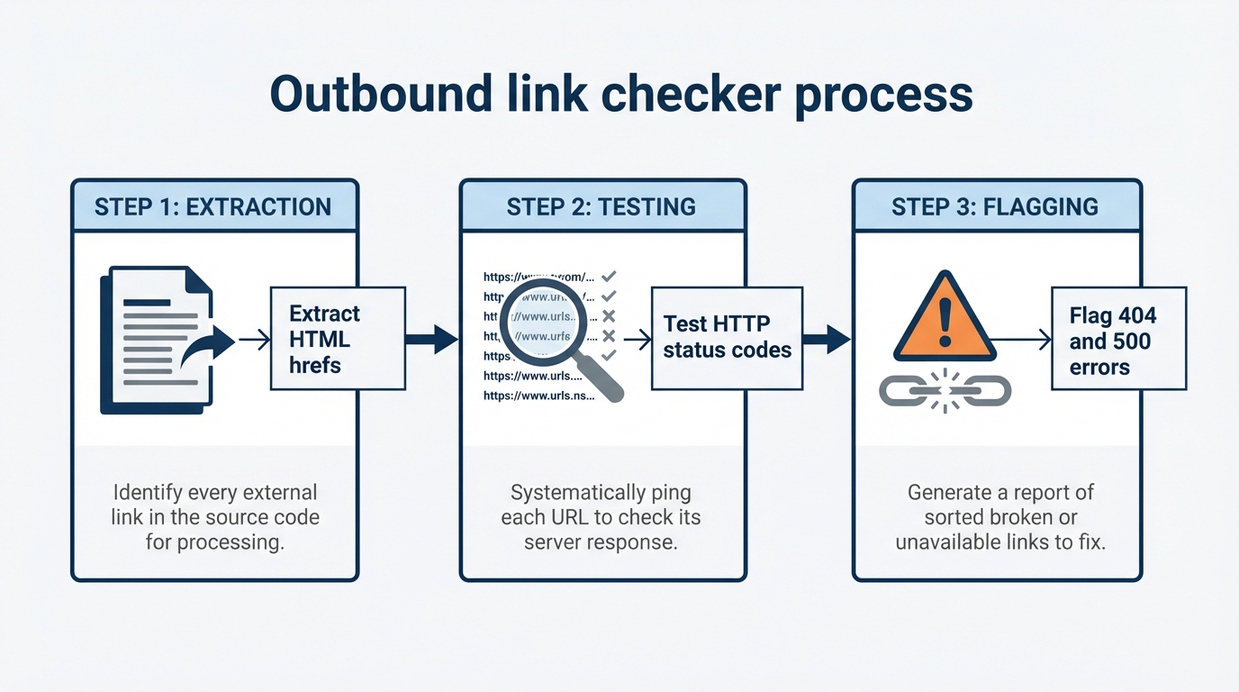 A labeled step workflow diagram titled 'Outbound link checker process'. The imag