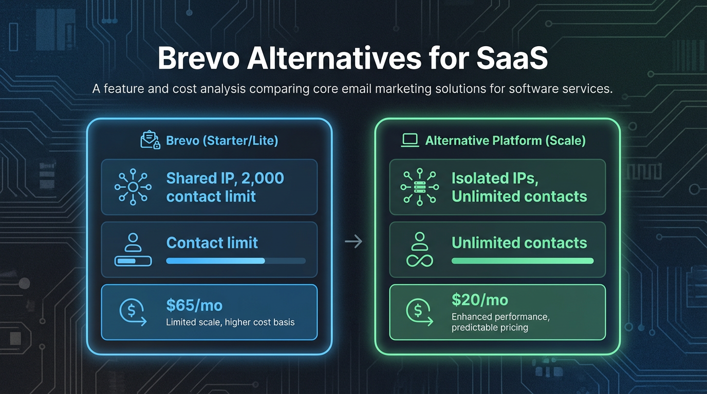 A side-by-side comparison card layout titled 'Brevo Alternatives for SaaS'. The