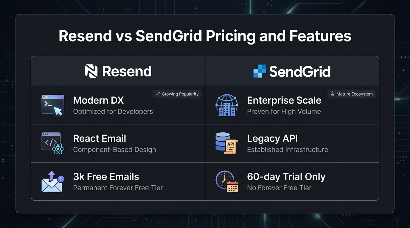 A sleek, side-by-side comparison table graphic titled 'Resend vs SendGrid Pricin